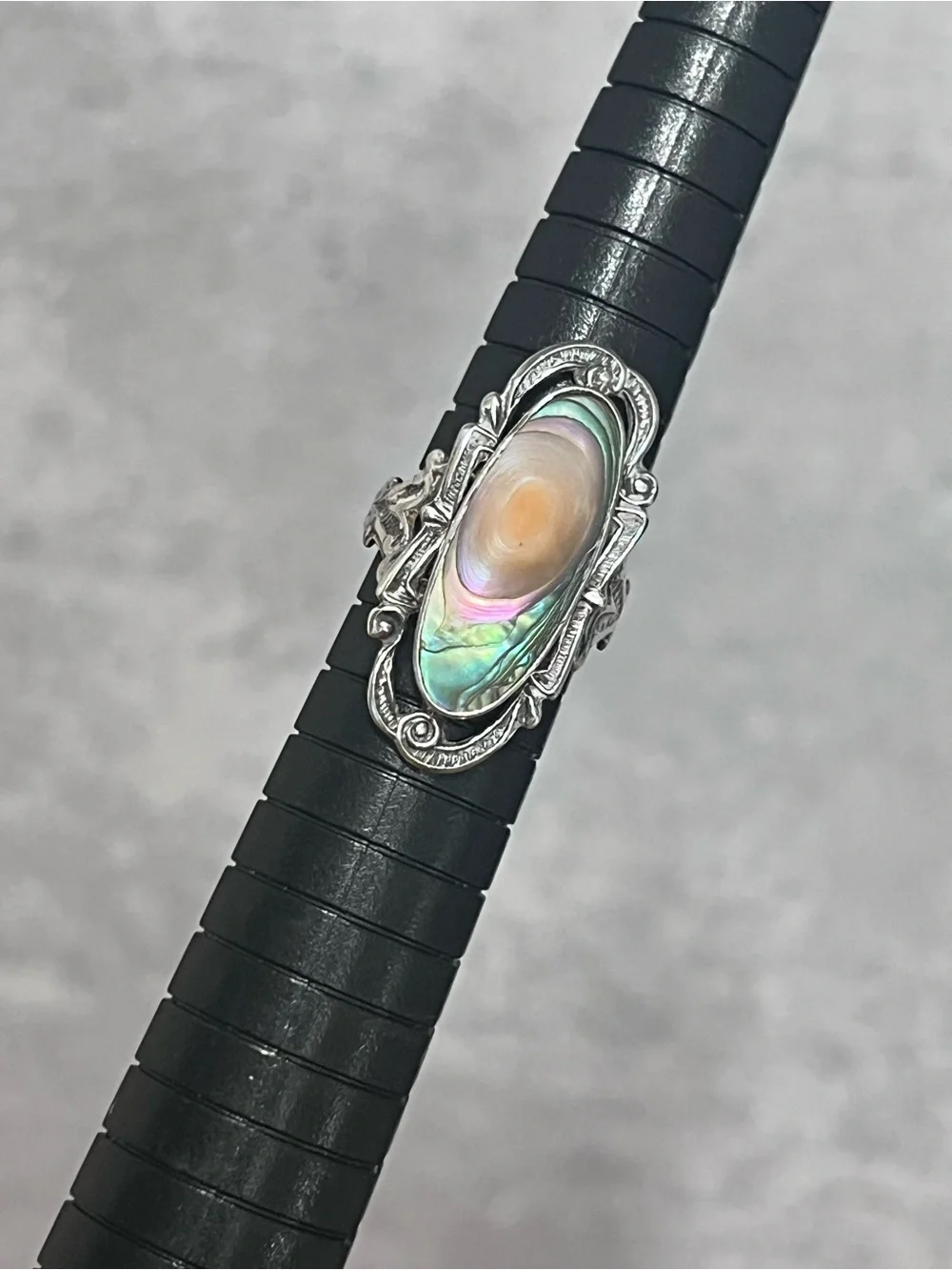 Vintage art deco oval abalone blister pearl ornate filigree ring sz 5.5 - Picture 5 of 6